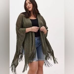 NWT O/S Torrid Olive Green Zig Zag Pointelle Fringe Ruana